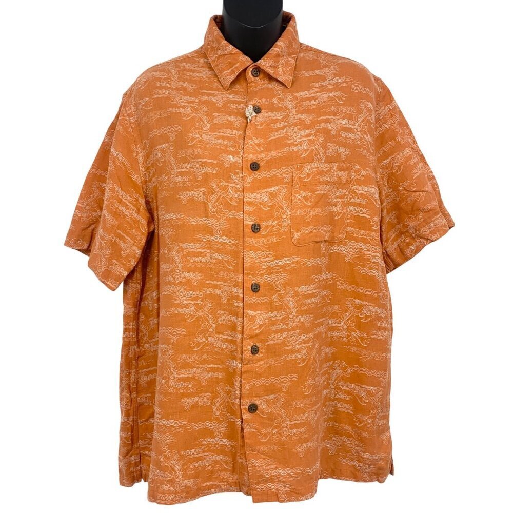 Vintage Silk Men Size Medium M Orange Short Sleeve Shirt Silk Linen Fish EUC